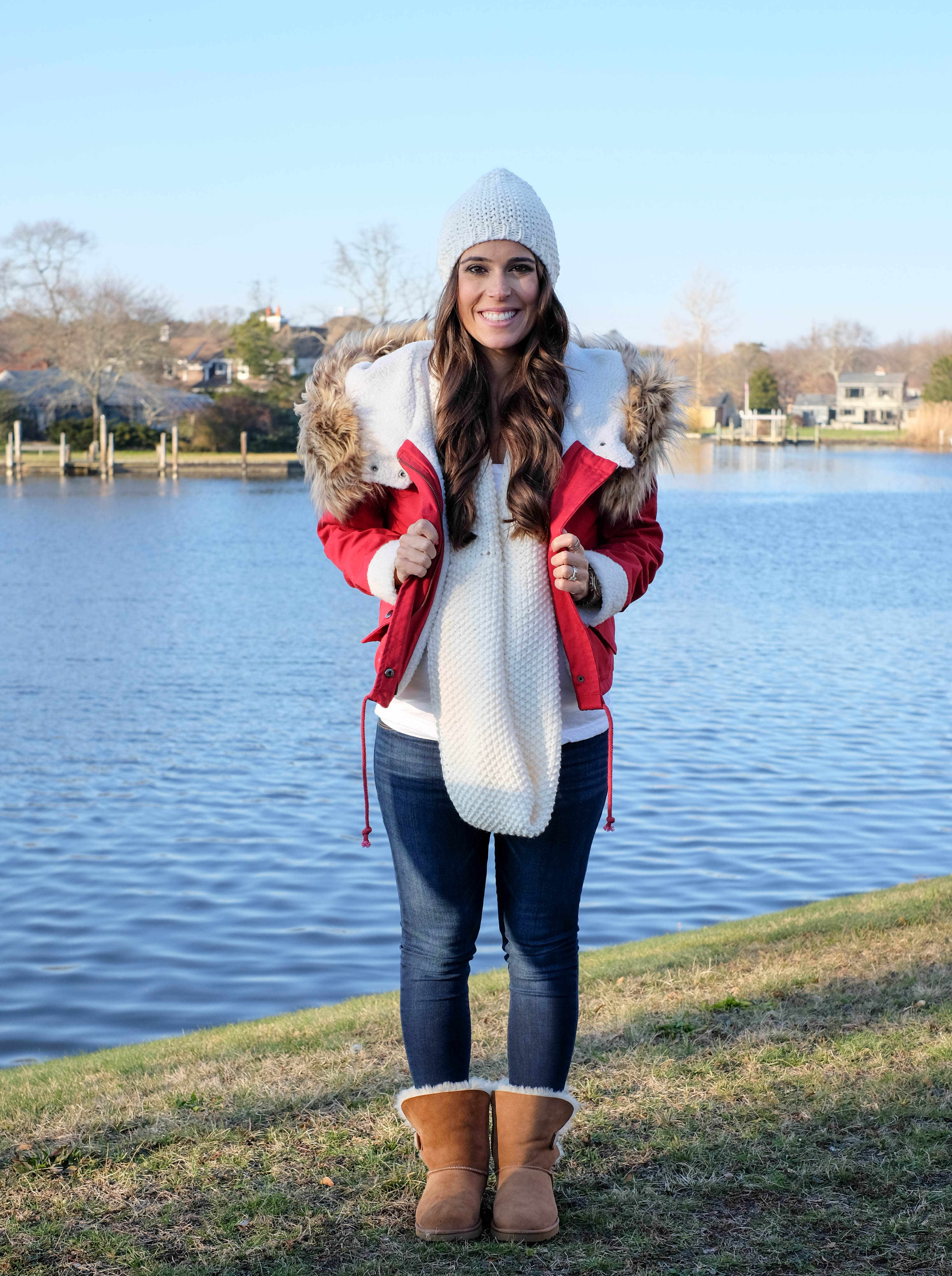 red faux fur jacket winter outfit on mrscasual