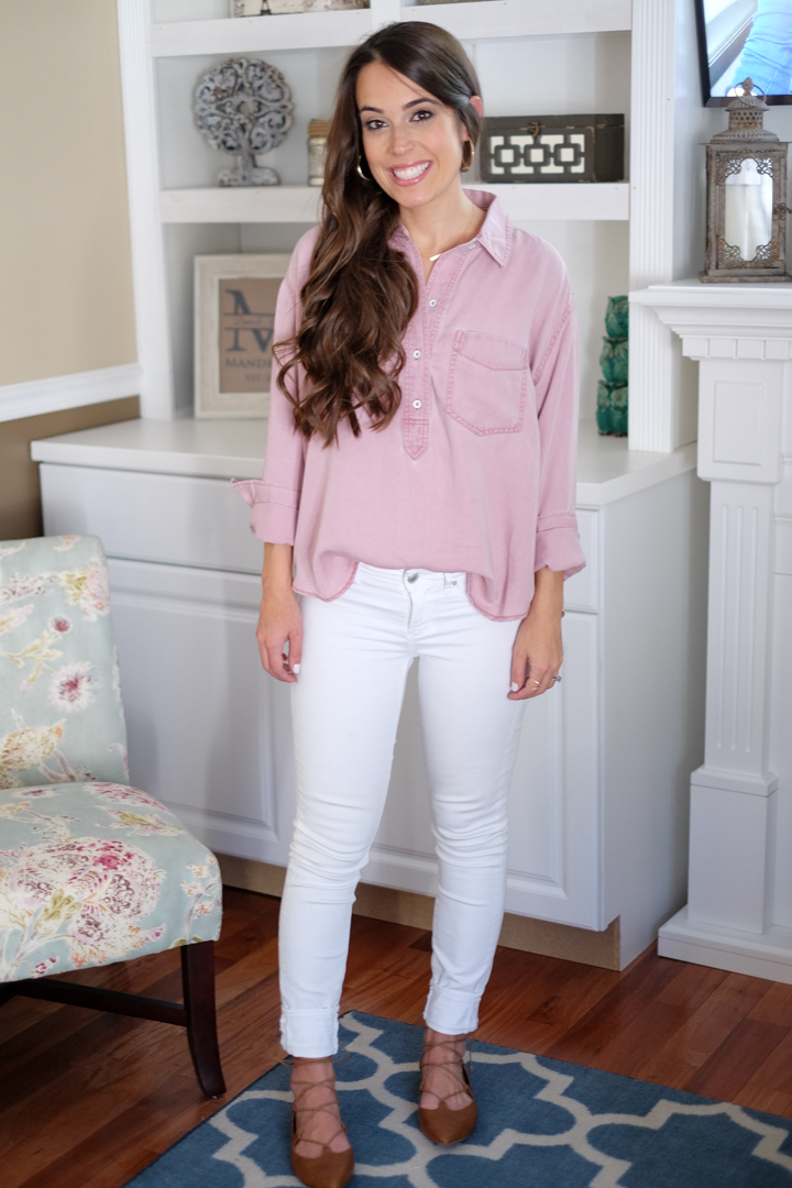 pink shirt and jeans outfit