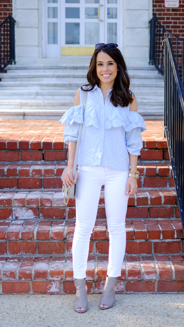 Blue eyelet ruffled cold shoulder summer outfit