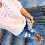 Embroidered clutch blush knotted tee styled by mrs casual fashion blog