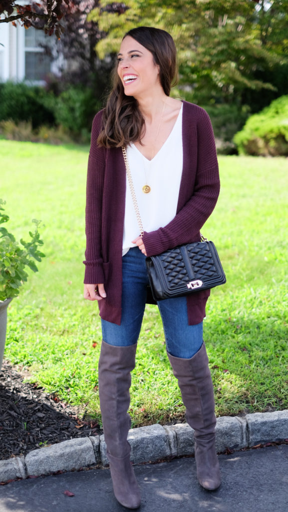 Fall cardigan and over the knee boots outfit