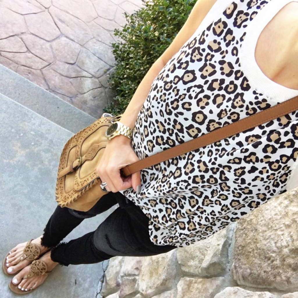 Leopard tank, Vigoss jeans, Crossbody bag Nordstrom, Tory Burch Miller 