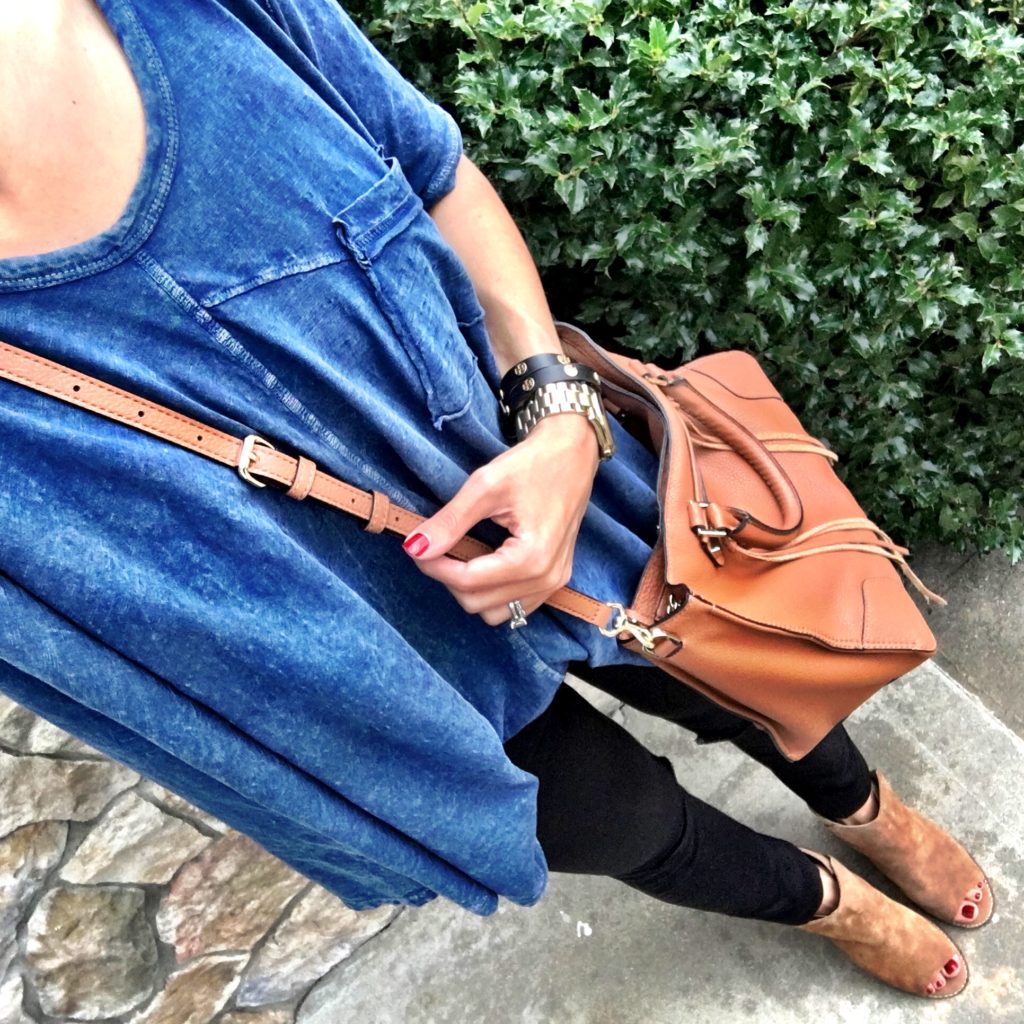 Black blue and brown outfit