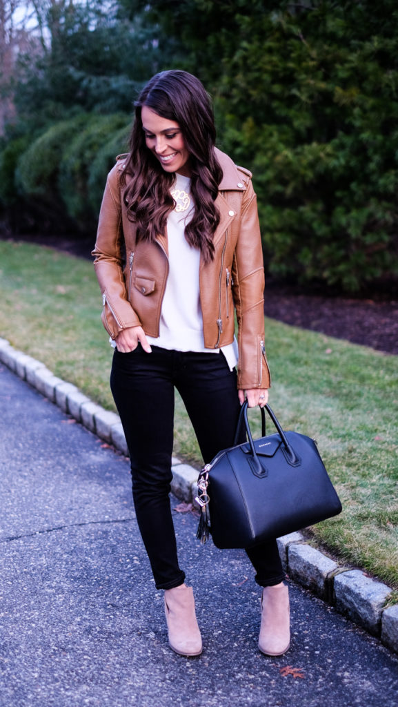 brown jacket white sweater outfit