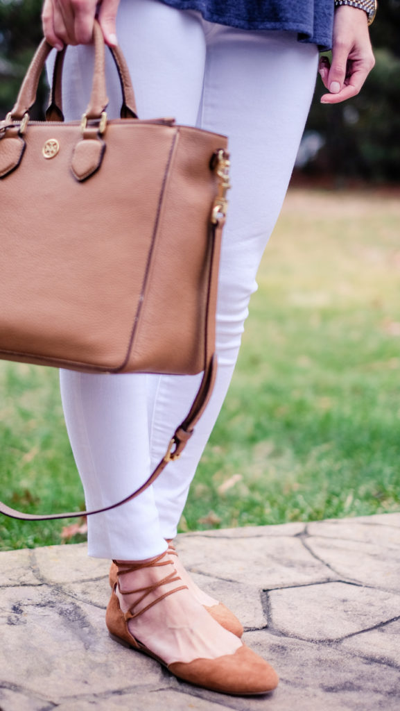 Camel flats and white jeans outfit