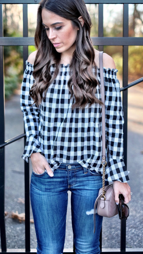 Gingham off the shoulder top outfit