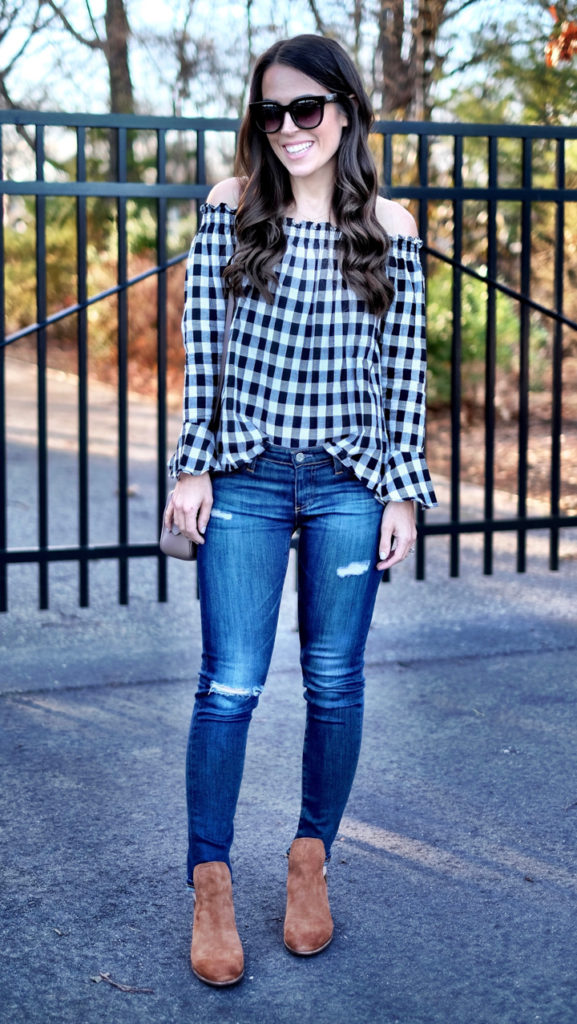 black and white gingham off the shoulder shirt