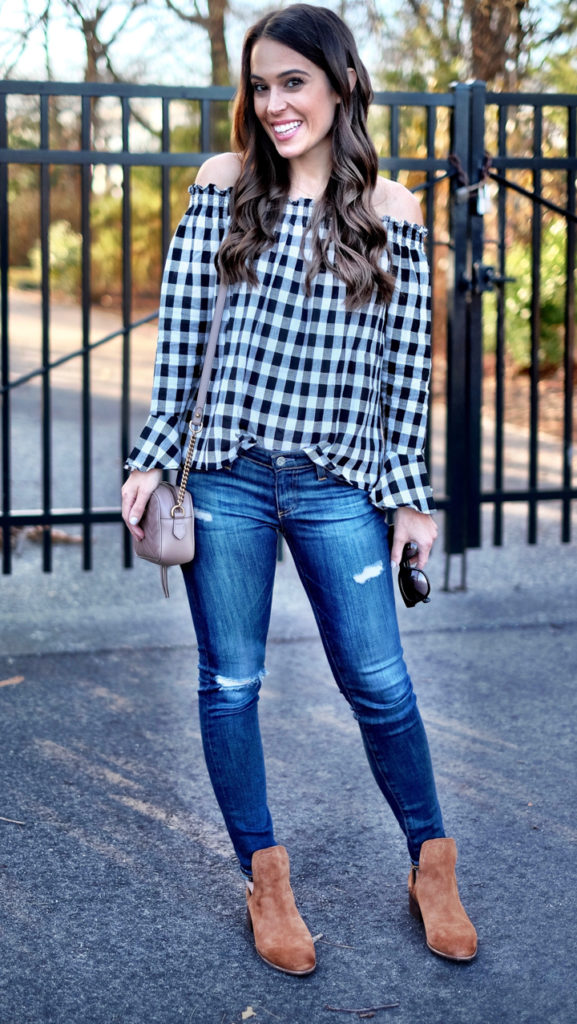 black and white off the shoulder outfit