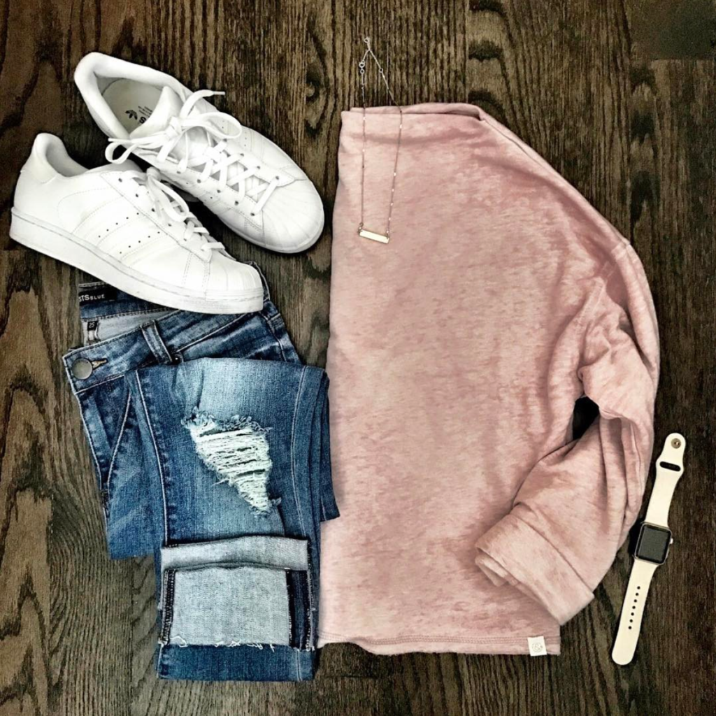 off the shoulder sweatshirt and adidas superstar casual outfit
