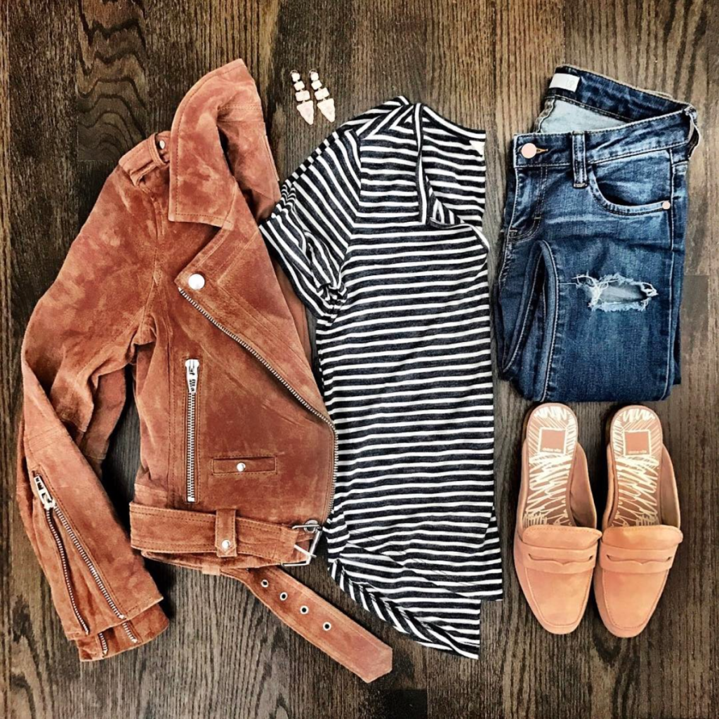 suede moto jacket and striped tee outfit