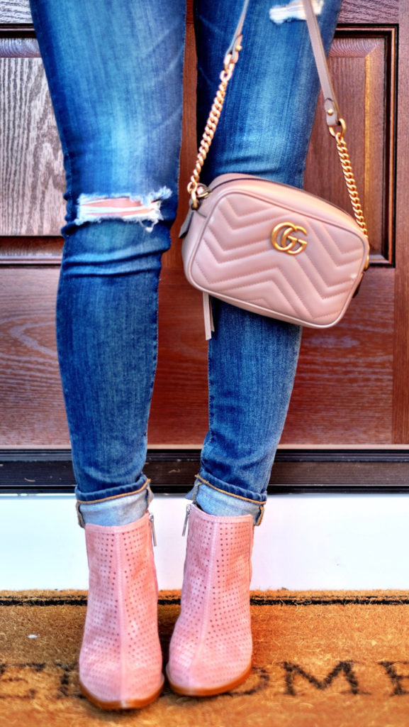 Blush pink booties outfit and Gucci Marmont