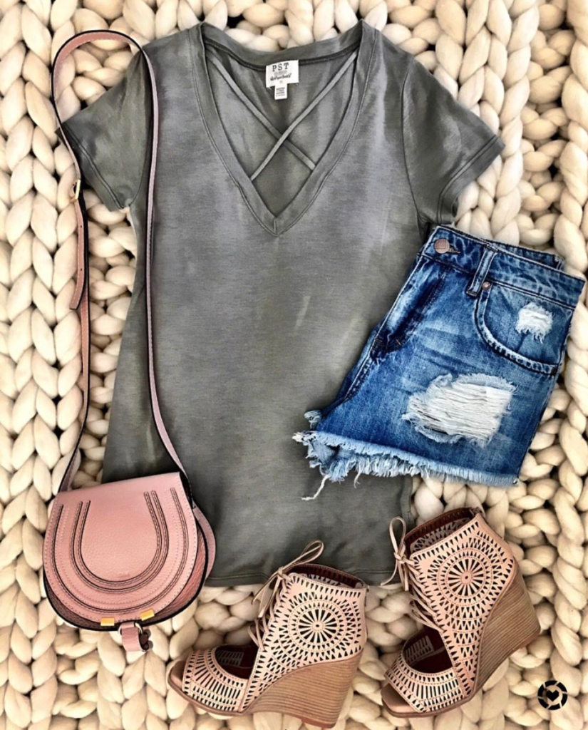 Cross front tee and cut off shorts outfit