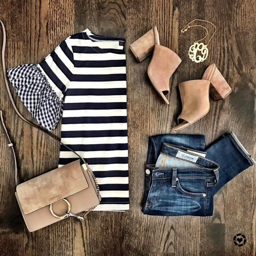 Gingham and Striped Ruffle Sleeve Top