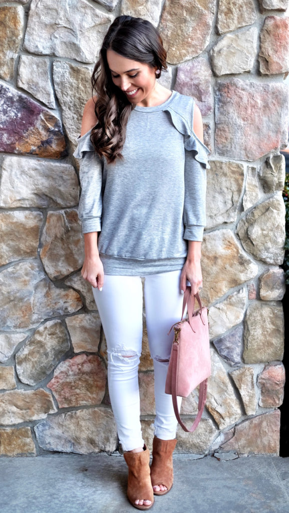 gray pink and white outfit