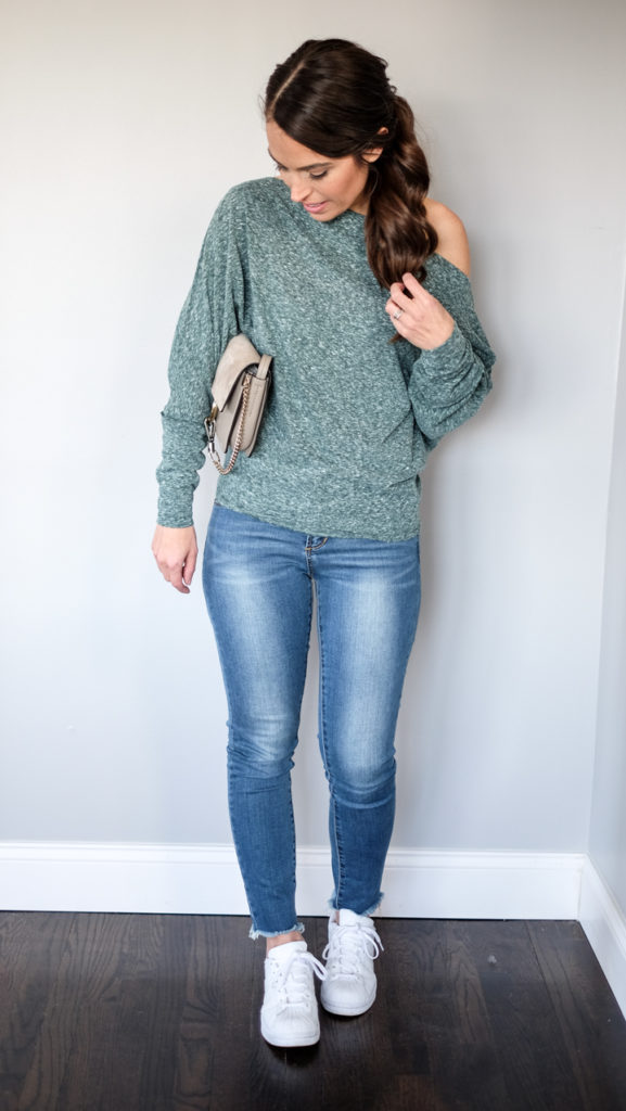 off the shoulder sweatshirt outfit