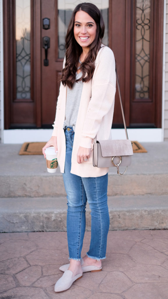 pink cardigan outfit idea