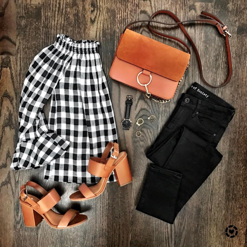 Gingham off the shoulder top outfit and cognac accessories