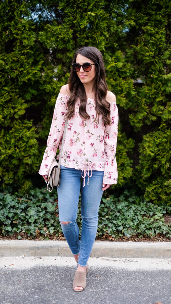 pink floral top spring outfit