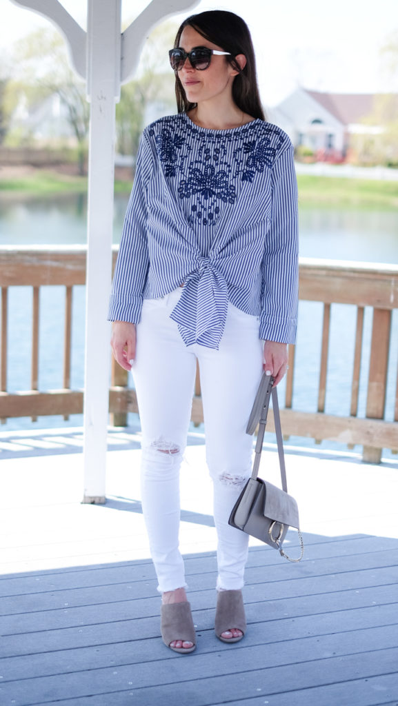 striped blue and white spring outfit