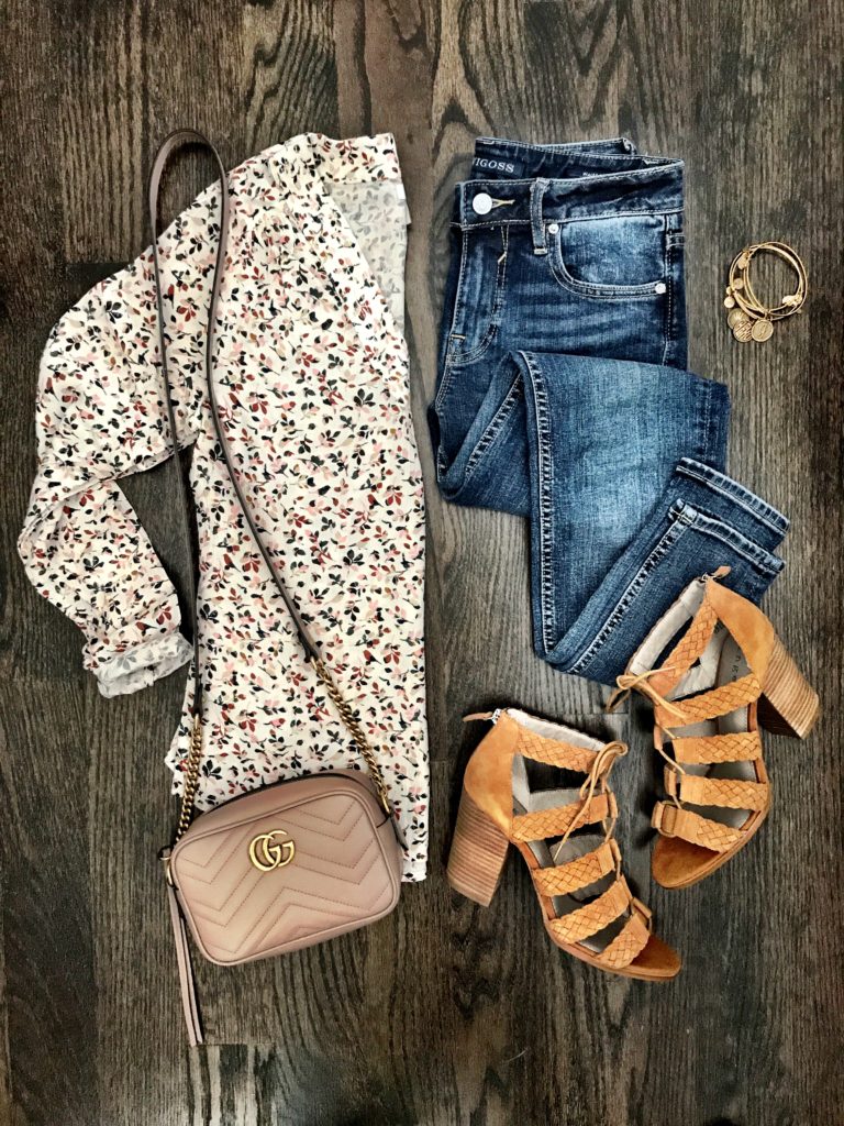 Hinge floral top and lace up block heel sandals