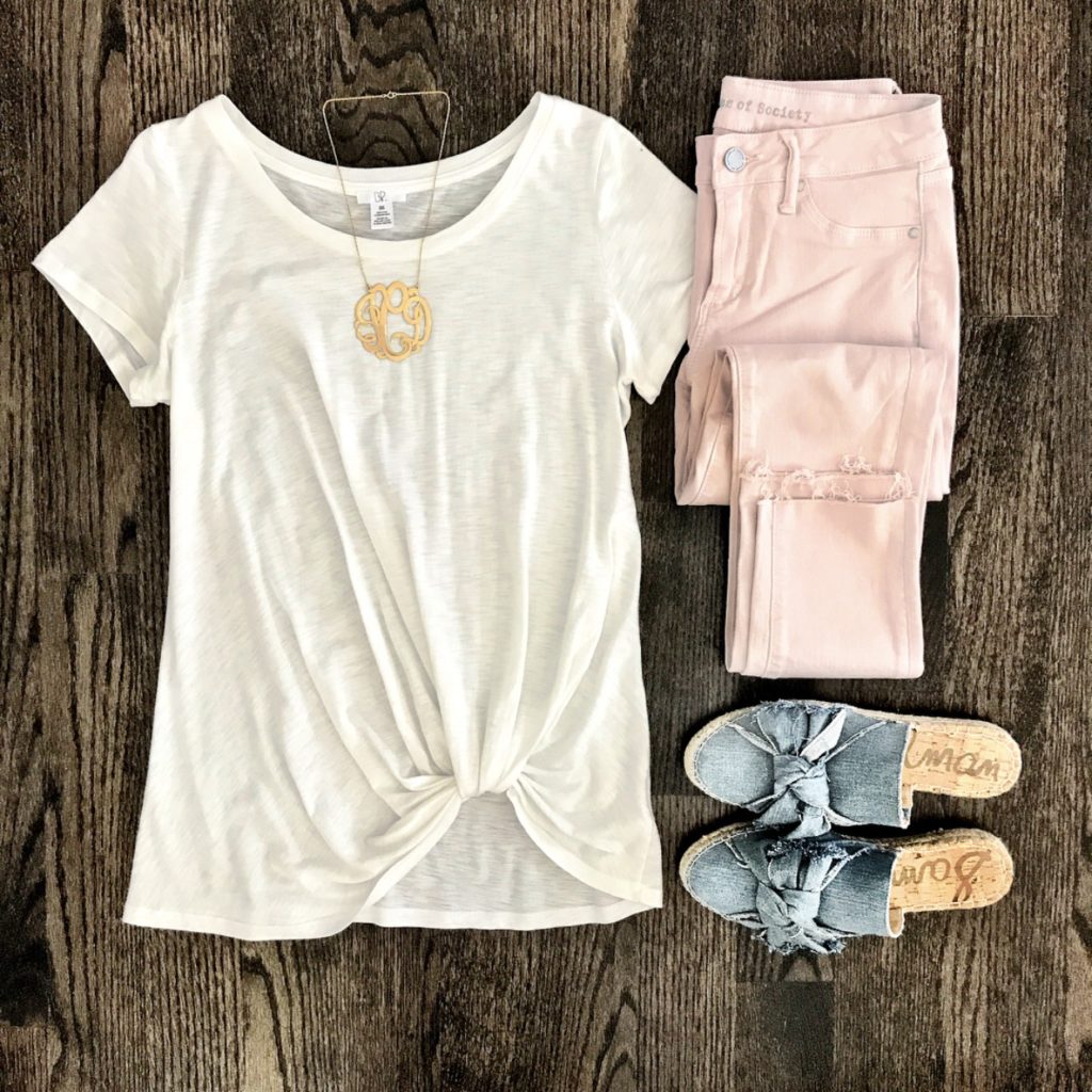 bp knotted tee and pink jeans outfit