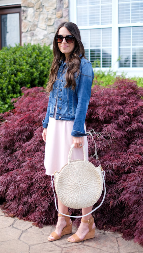 casual denim jacket and dress outfit