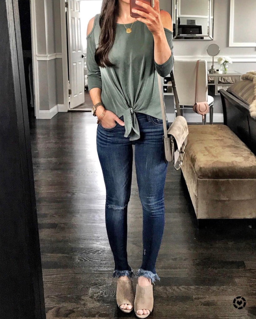 cold shoulder knotted tee outfit