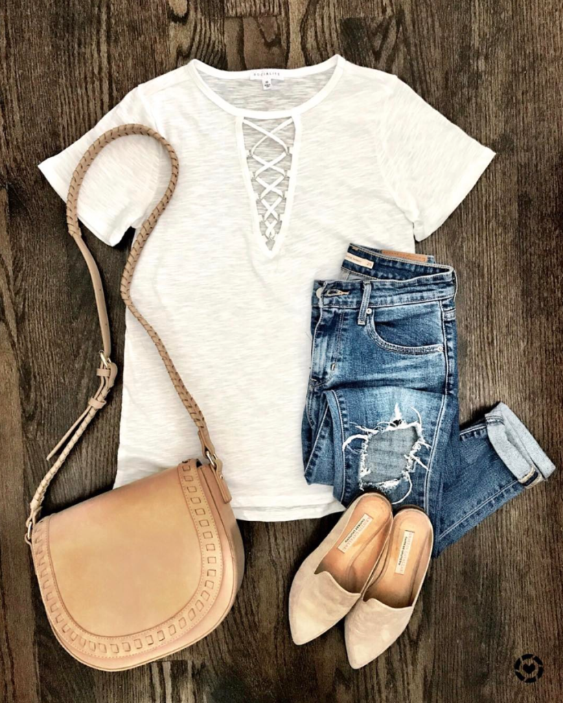 cross front white tee outfit