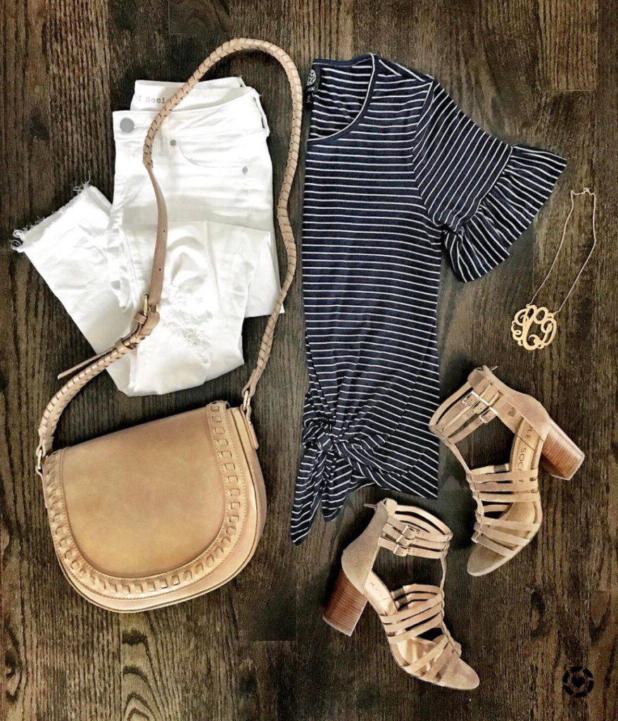 navy and white striped tee outfit