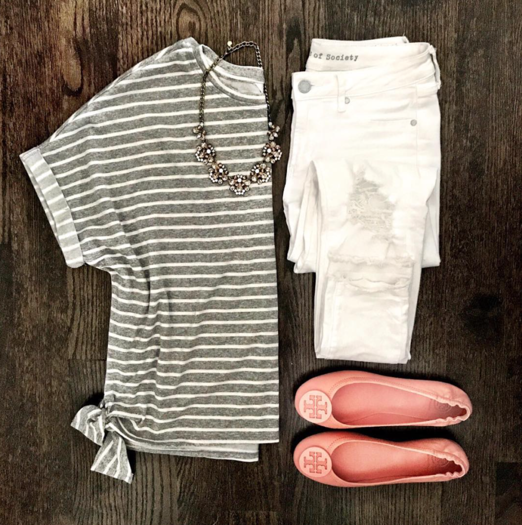 striped tee and pink flats