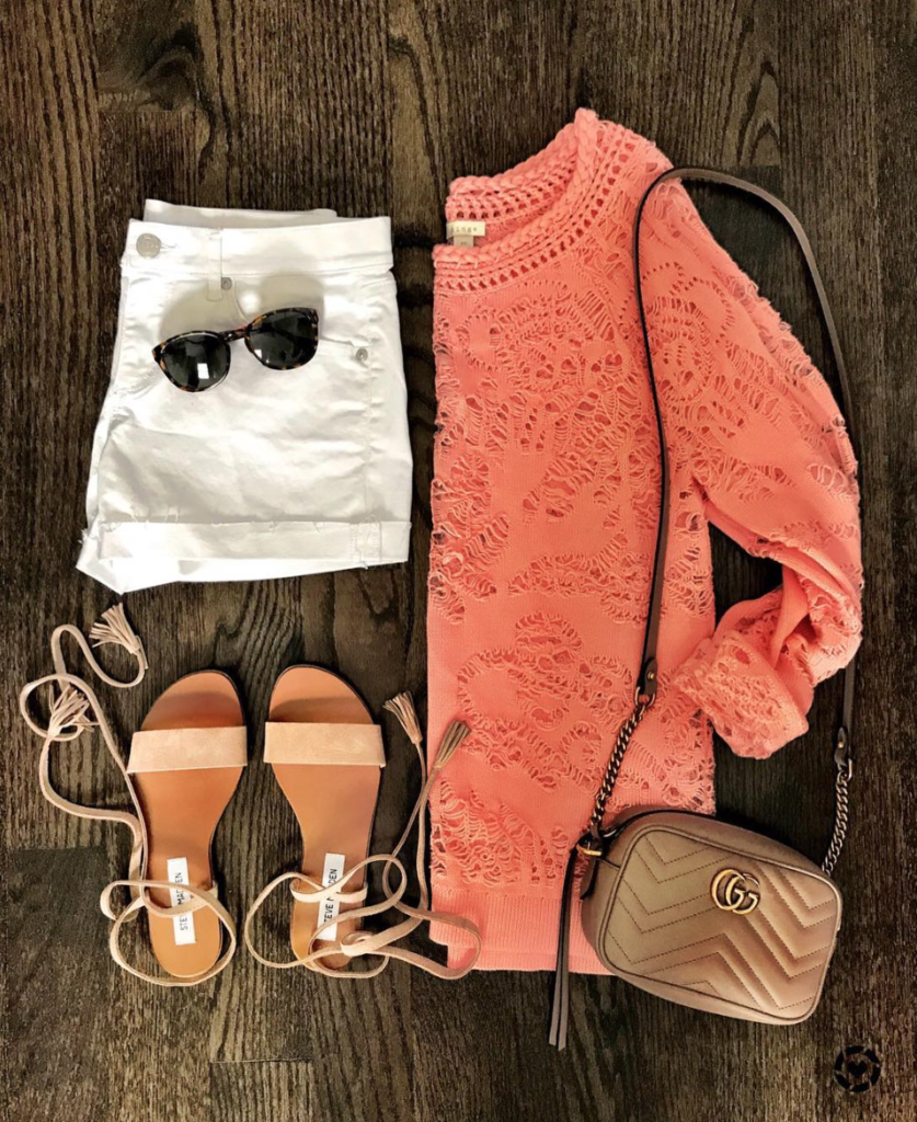 crochet sweater and white shorts outfit