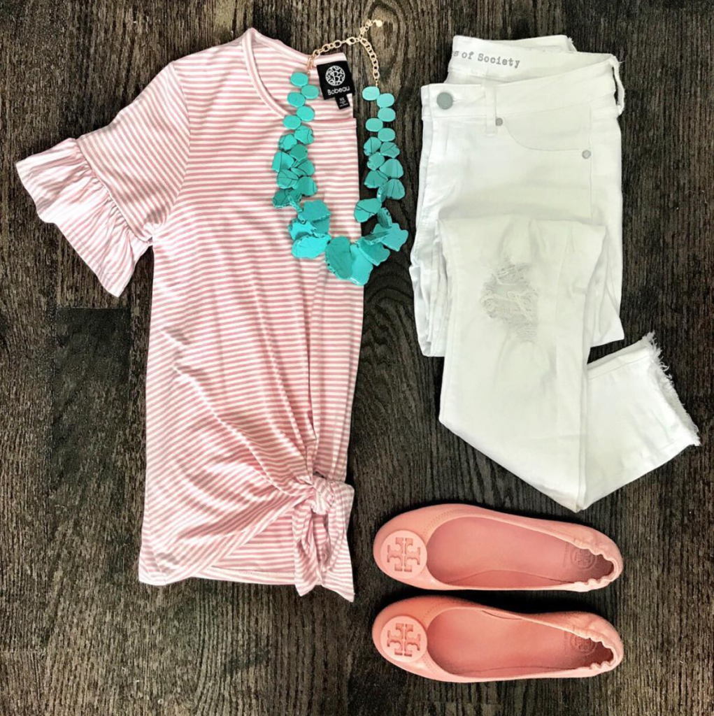 pink striped tie front tee