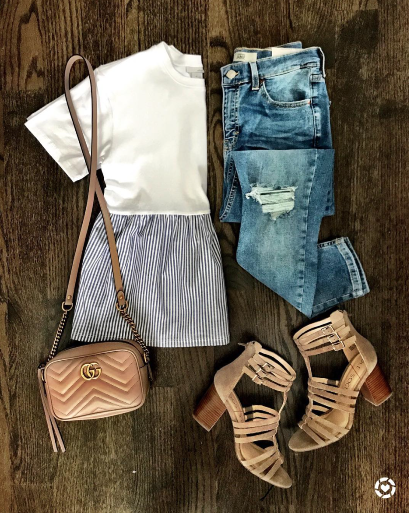 striped peplum top and gucci outfit