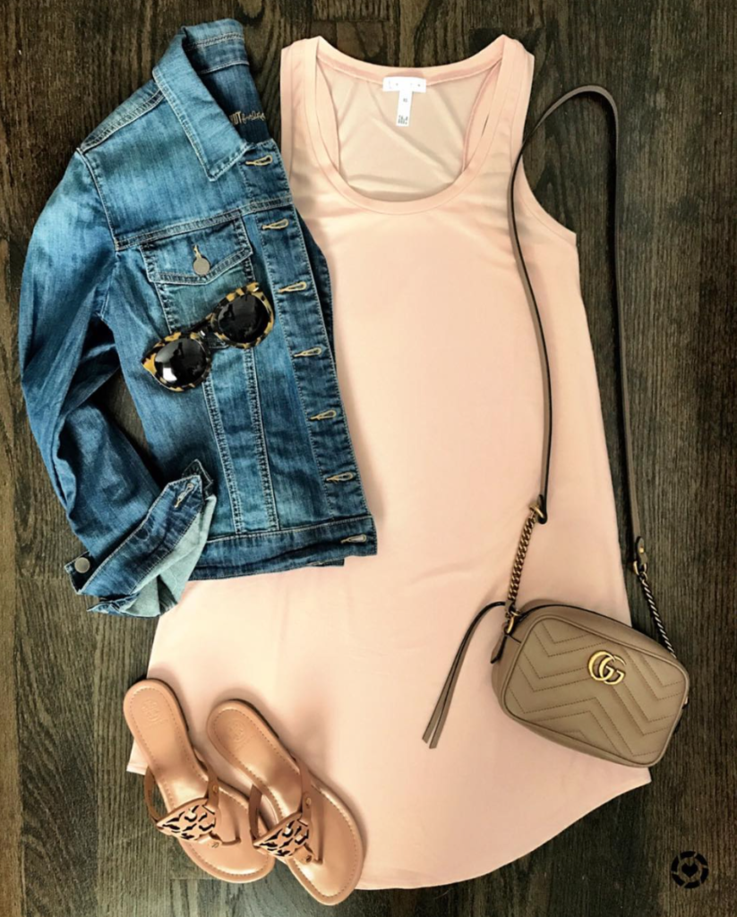 tank dress and denim jacket outfit