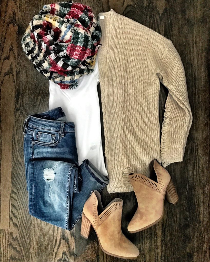 BP cardigan and plaid blanket scarf Fall outfit