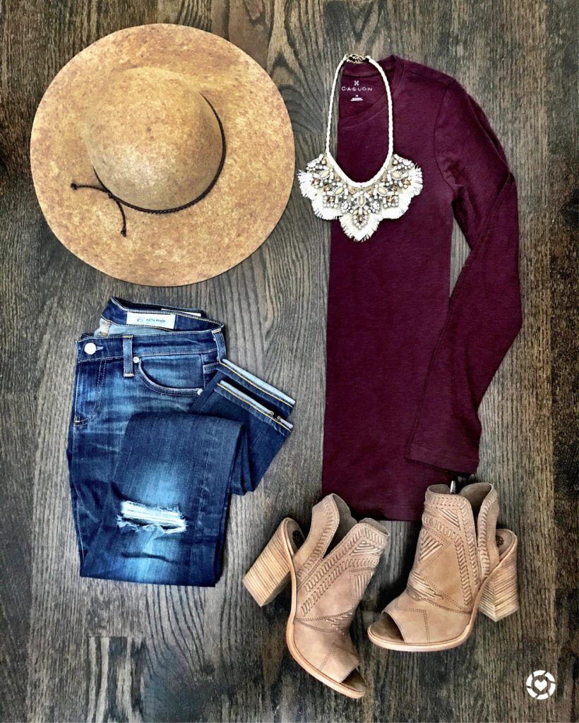 Burgundy Tee and wool hat Fall outfit