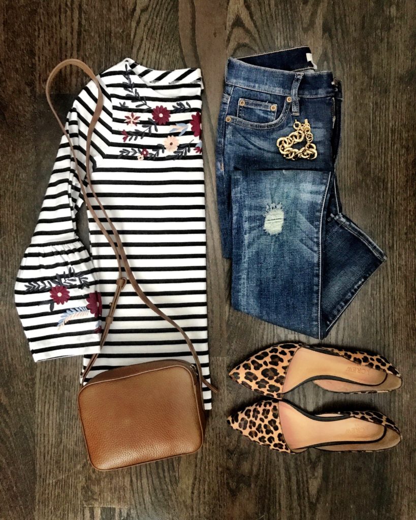 Embroidered striped bell sleeve tee outfit