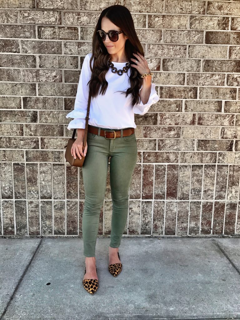 J.Crew Factory fall outfit green corduroy pants and mockneck