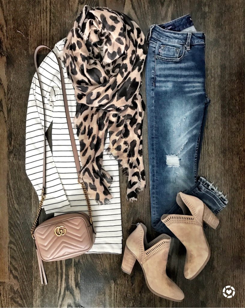 Striped tunic tee and leopard scarf fall outfit