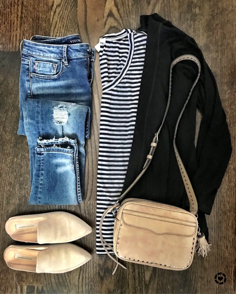 black cardigan and striped tee fall outfit
