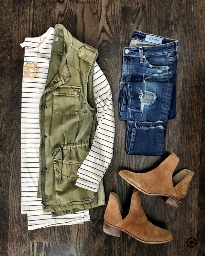 striped tunic and utility vest Fall outfit