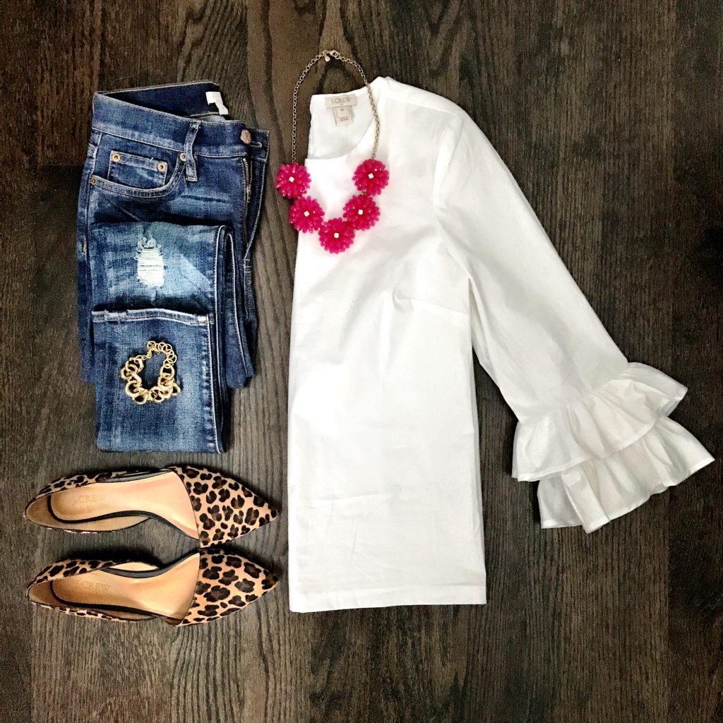 white ruffle sleeve top and leopard flats outfit