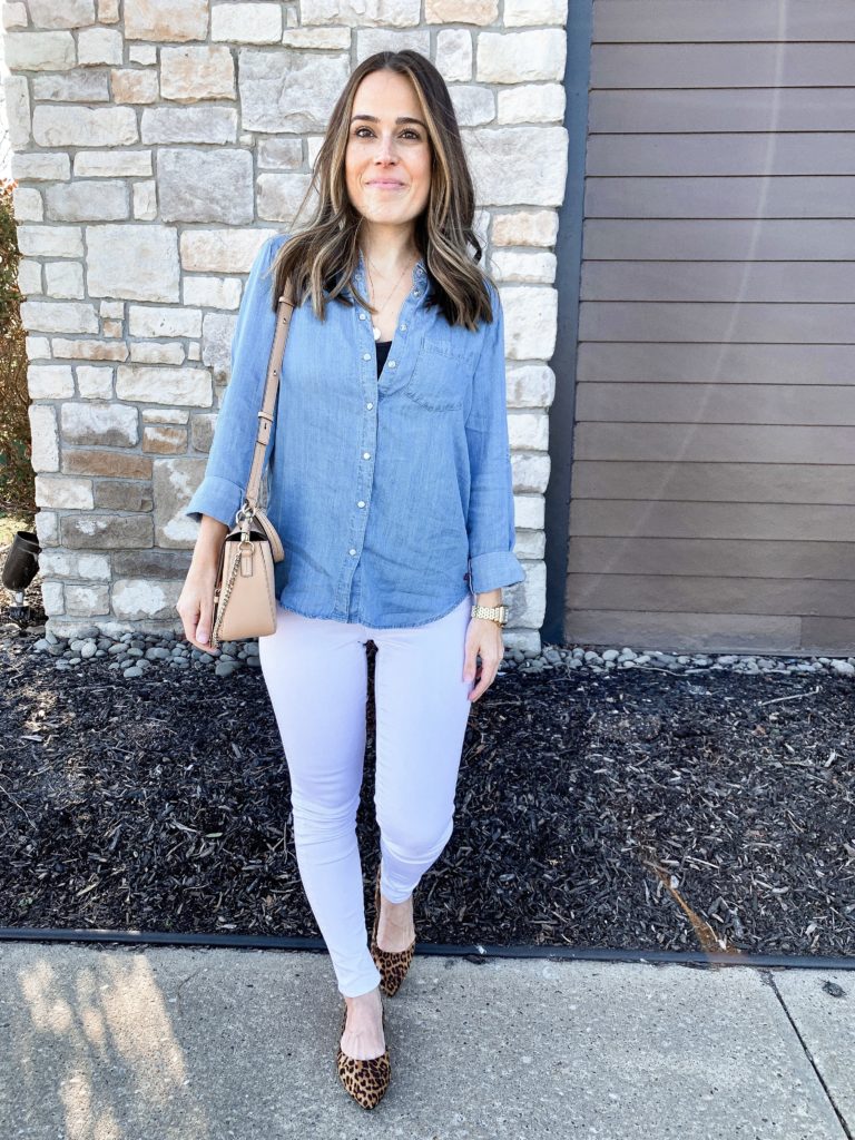 Chambray Shirt, White Jeans, Leopard Flats.. Under $50 TOTAL | MrsCasual